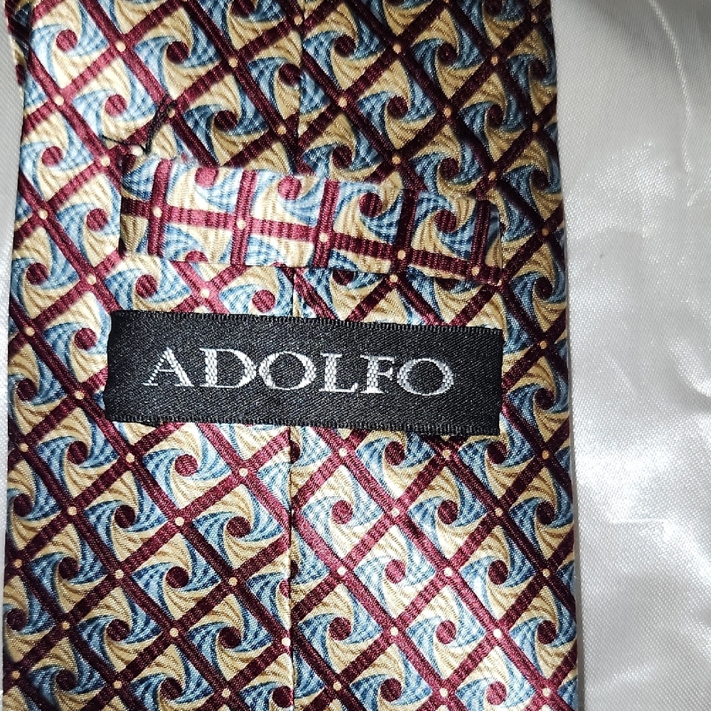 Adolfo Red and Blue Silk Tie with Geometric Pattern - Picture 3 of 3